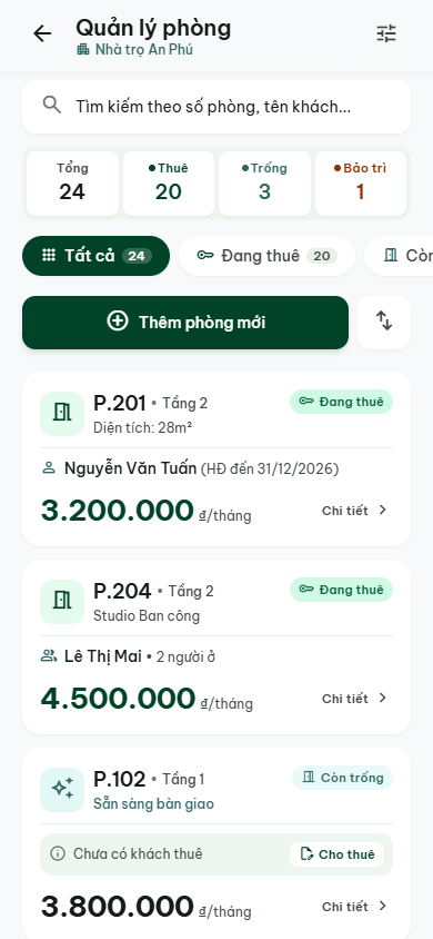 Danh sách phòng trong Honavi với trạng thái đang thuê, còn trống và đang bảo trì